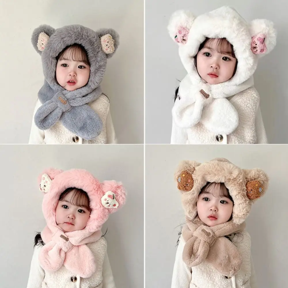 Thick Warm Neck Protection One-Piece Beanies Cap Bear Ear Winter Baby Hat Scarf Plush Windproof Kids Hooded Scarf