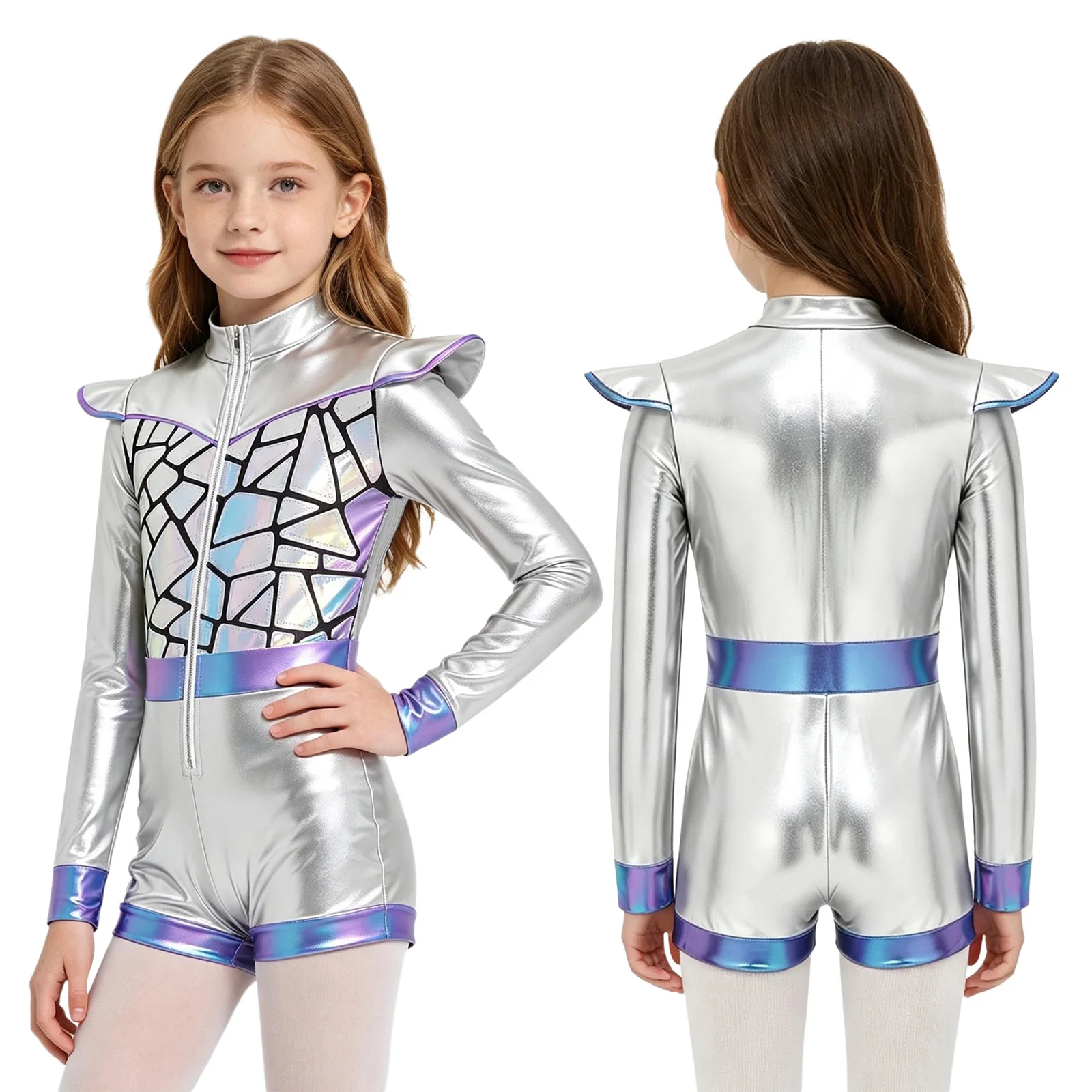 Halloween Alien Robot Space Cadet Astronaut Cos Costume Cap Sleeve Metallic Bodysuit Gymnastics Leotard Ballet Dance Performance