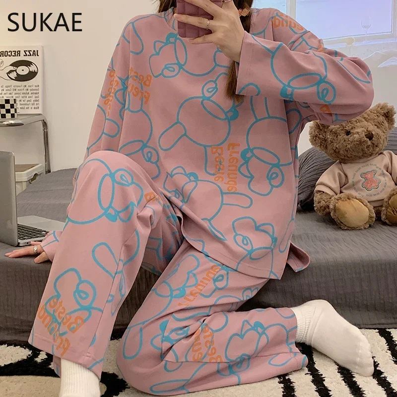 SUKAE Spring Autumn Long Sleeves Women Cotton Pajamas Sets Cute Cartoon Dinosaur Sleepwear Young Lady Homesuits Casual Pijamas