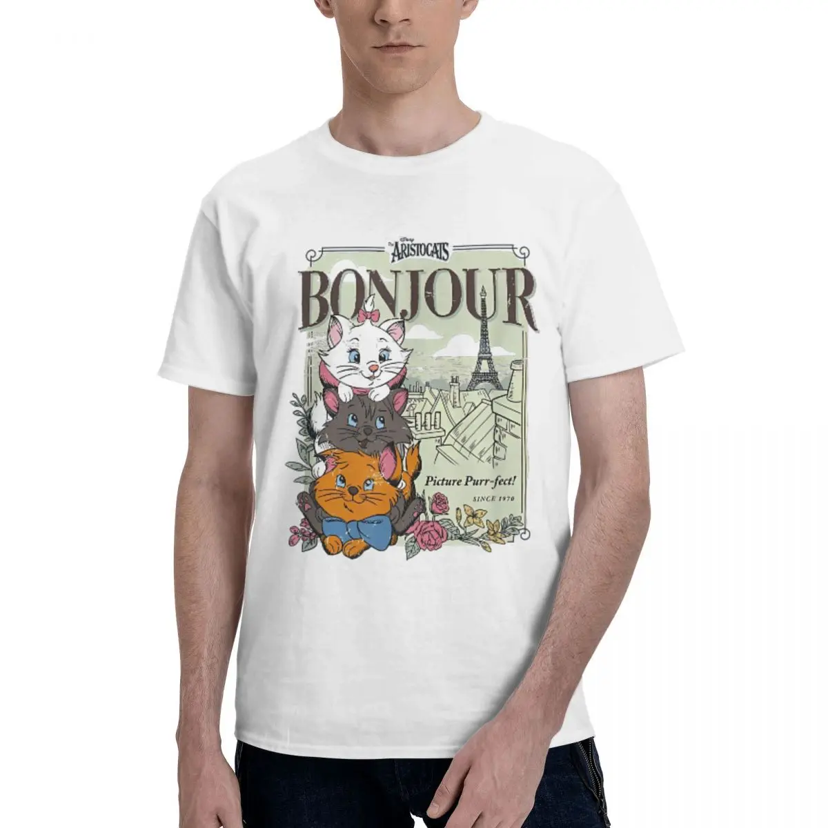 Men T-Shirt The Aristocats Bonjour T-Shirts Fashion Summer Tee Shirt Y2K Casual Casual 100% Cotton Clothes Birthday Present