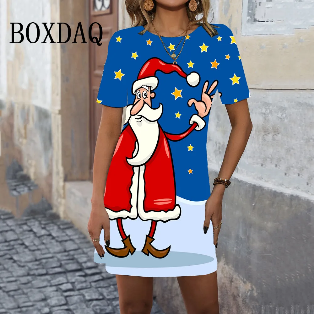 2024 New Christmas Party Mini Dresses Women Cartoon Cute 3D Santa Claus Printing Loose Dress Casual Kawaii Ladies A-Line Dress