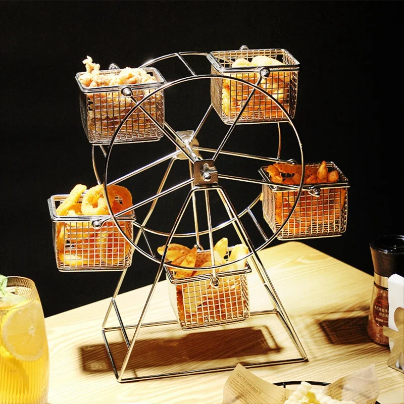 1Pcs Food Rack+5 Cup Stainless Steel Ferris Wheel Food Rack Snack Rack Vintage Frame Party Rotatable Pastry Cupcake 접시