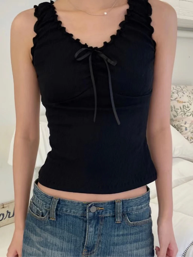 Vintage Ruffles V Neck Tank Tops Women Summer Retro Solid Sleeveless Slim Y2k Crop Top Female Sweet Cute Cotton Bow Vests 2023