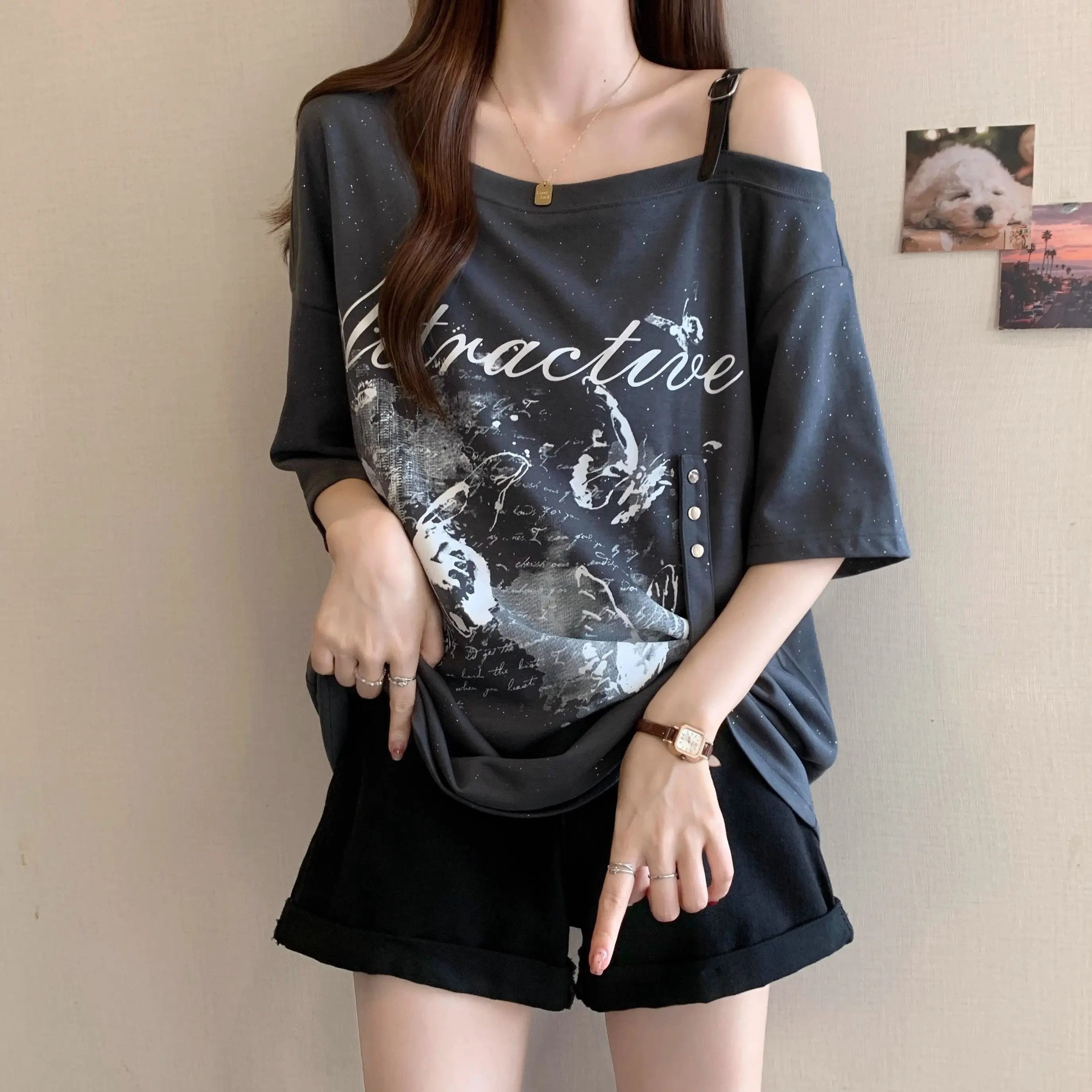 

plus Size American Retro Shoulder Bared Pure Cotton Short Sleeve T Shirt Women Summer Loose Slimming Meat Covering Irregular Top