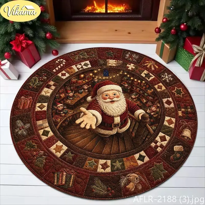 VIKAMA 3D Visual Deep-Pile Santa Claus Rug, Retro Patchwork Washable Non-Slip Living Room Rug, Christmas Home Decor