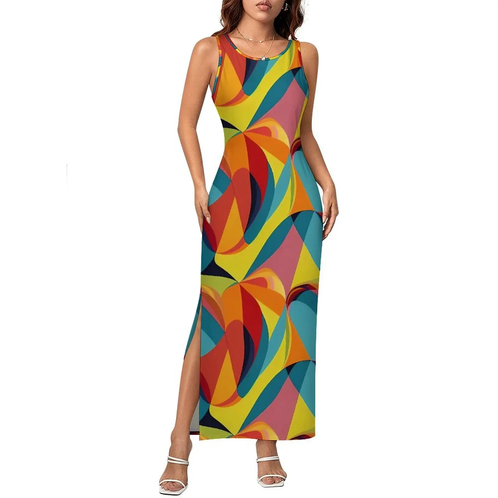 Colorblock bodycon vestido de verão abstrato impressão vintage maxi vestidos mulher sem mangas design rua wear vestido tamanho grande