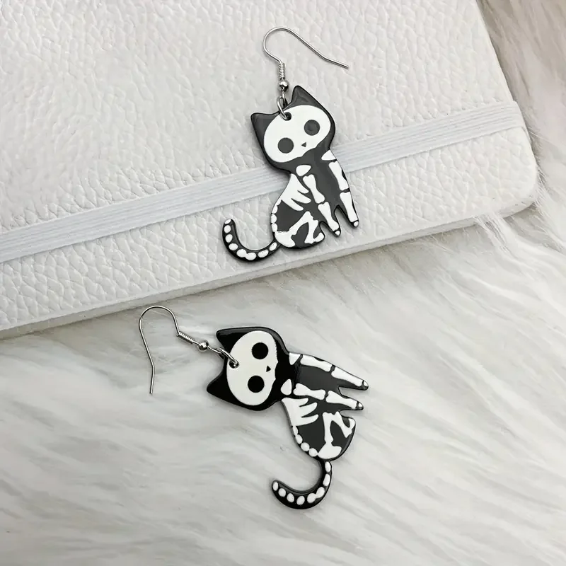 1pair Halloween Skeleton Cat Design Dangle Earrings Cartoon Cute Style Acrylic Jewelry Ghost Festival Earrings