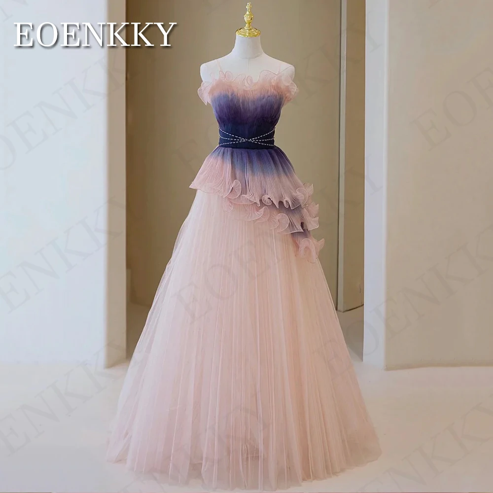 Pink Gradient Long Prom Dress Ruffles Tulle Spaghetti Straps A Line Special Occasion Dresses Beading Floor Length vestido festa