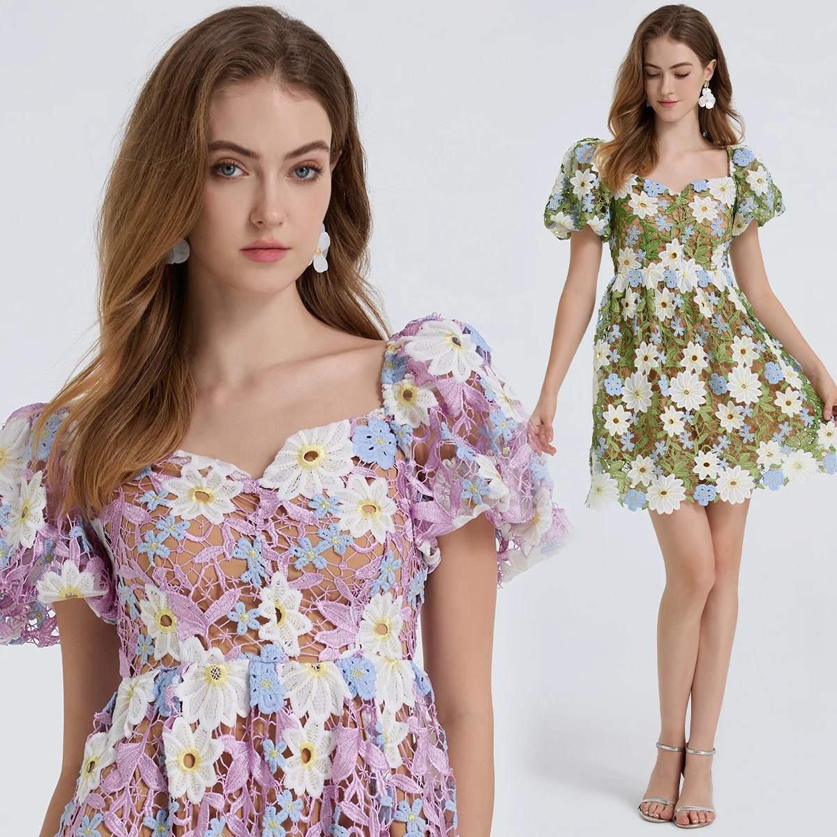 

Fashionable Heavy Industry Water soluble Lace Embroidered Bubble Sleeve Dress Sexy Big Swing Skirt