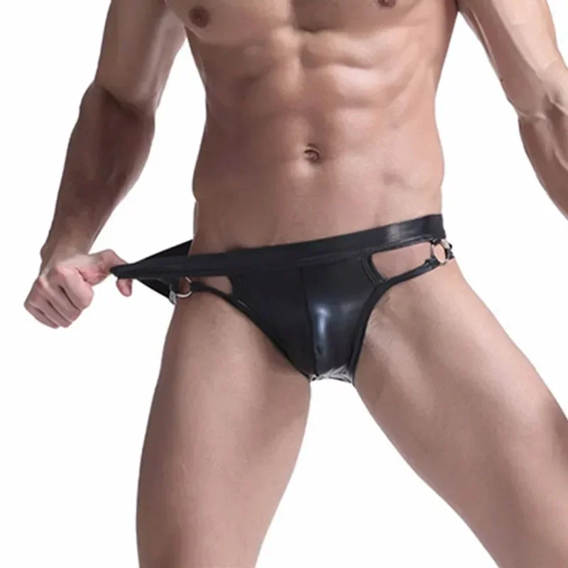 1Pc Black Men\'s PU Leather Briefs G-Strings Lingerie Underwear U-convex Pouch Thongs Low Waist Panties Male Underpants