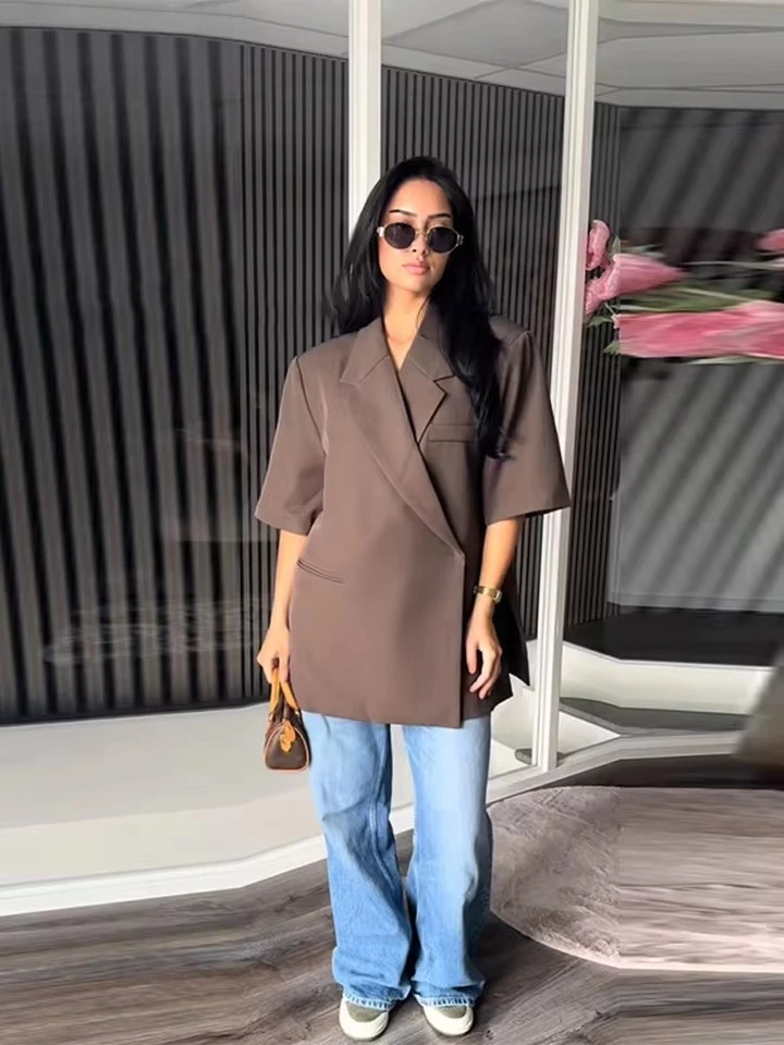 แจ็คเก็ตสูทผู้หญิงหลวมLapelหนึ่งปุ่มแขนสั้นBlazers 2025 ฤดูร้อนElegant Lady Office Outwear Street
