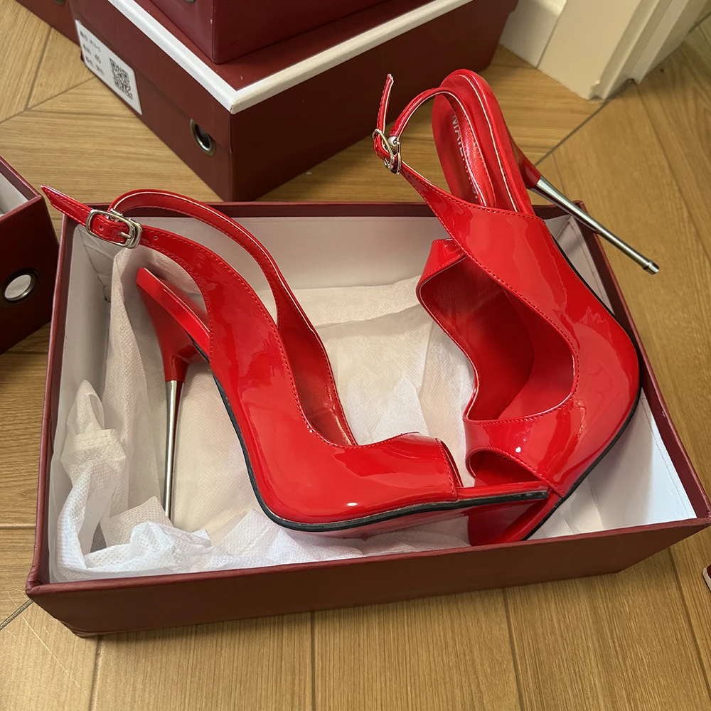 جديد وصول النساء 16 سنتيمتر المعادن عالية الكعب مثير الصنادل الحمراء الخناجر مدبب تو الكعوب نموذج رجل اللمحة تو للجنسين أحذية حجم كبير