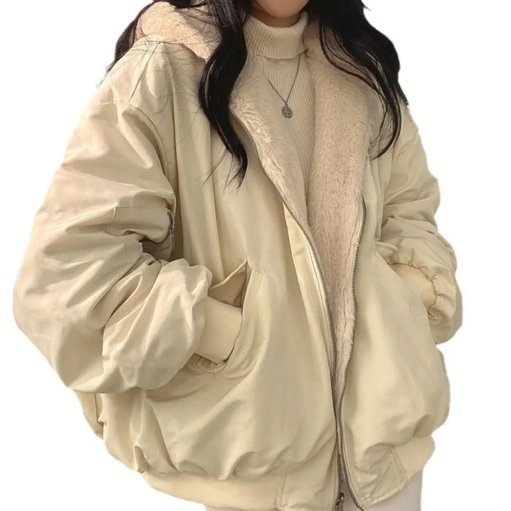 

Women's Double-Sided Cotton-Padded Bomber Jacket Loose Hooded Fleece-Lined Thick Winter Coat New Arrival