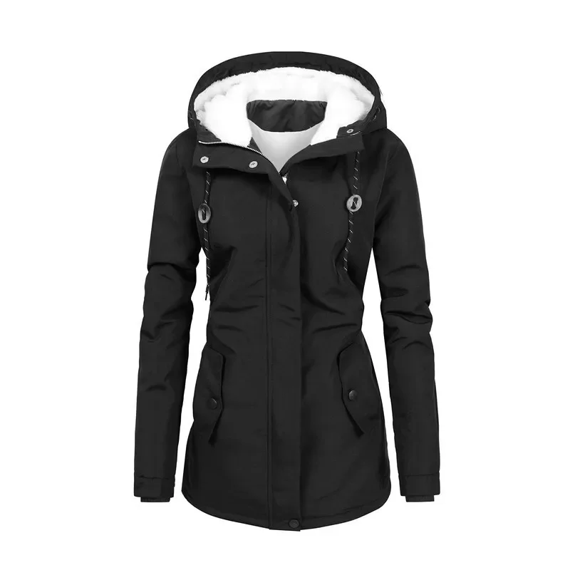 Women Mid Length Coat Hooded Full Sleeve Jackets Zipper Buttons Drawstring Tight Waist Y2k Streetwear Thick Warm Work Casual
