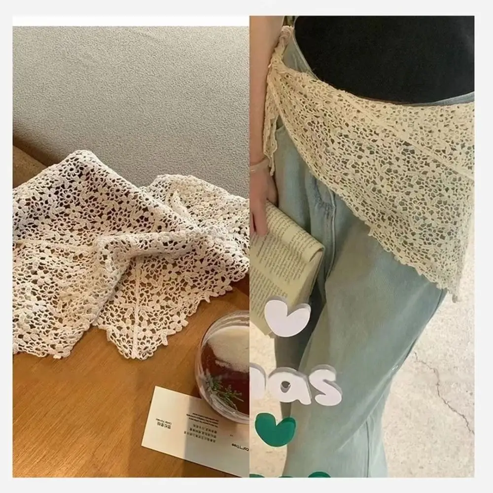 Sweet Sheer Mesh Floral Lace Scarf Solid Color Versatile Strap Triangle Hair Scarf Hollow Design Neck Scarf Summer Wear