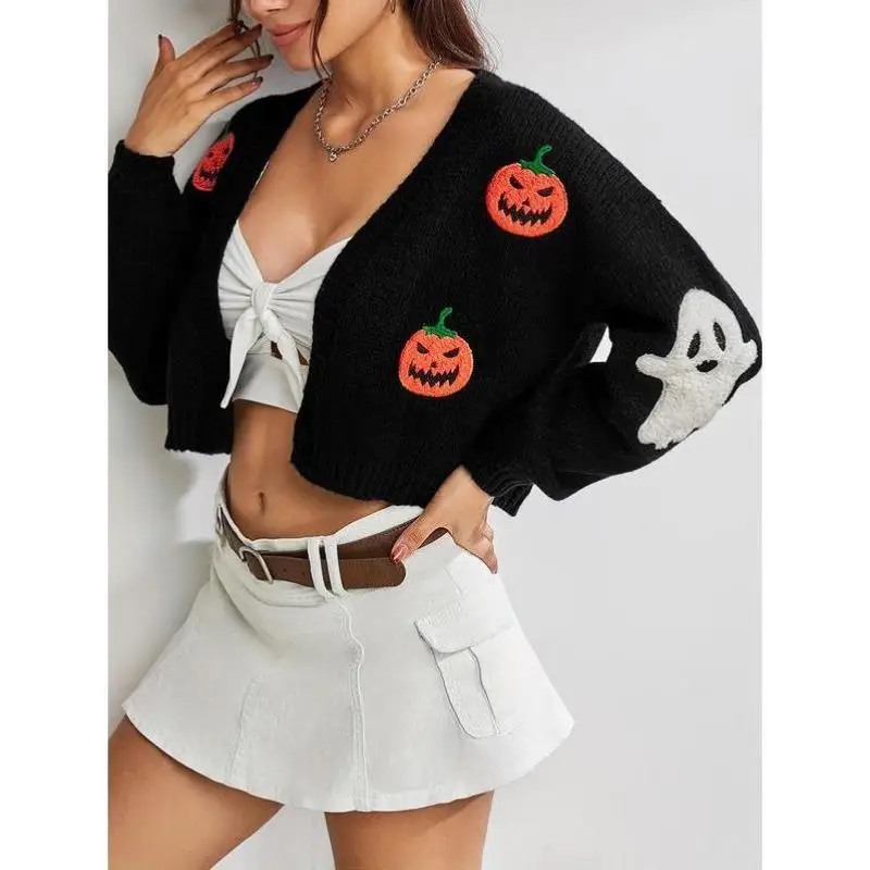 

loween Pumpkin Embroidery Loose ort Open Cardigan Cross-Border New Sle Knitted Sweater for Middle-Aged And ly Wom...