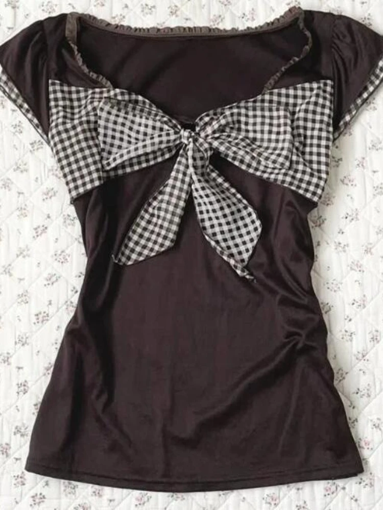 

Aesthetic Vintage Slim Plaid Bow T-Shirts Women Summer Casual Short Sleeve Hot Girl Skinny Tops Patchwork O-neck Retro Tees New