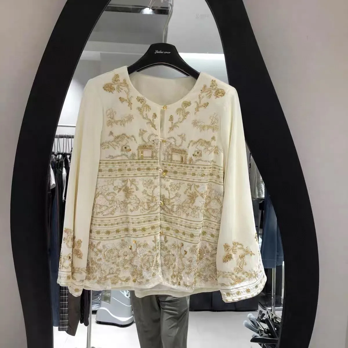 High-end Spring and Autumn New Chinese Style Stand Collar Silk Velvet Coat Elegant Flower Branch +Sparkling Beading Jacket S-XXL