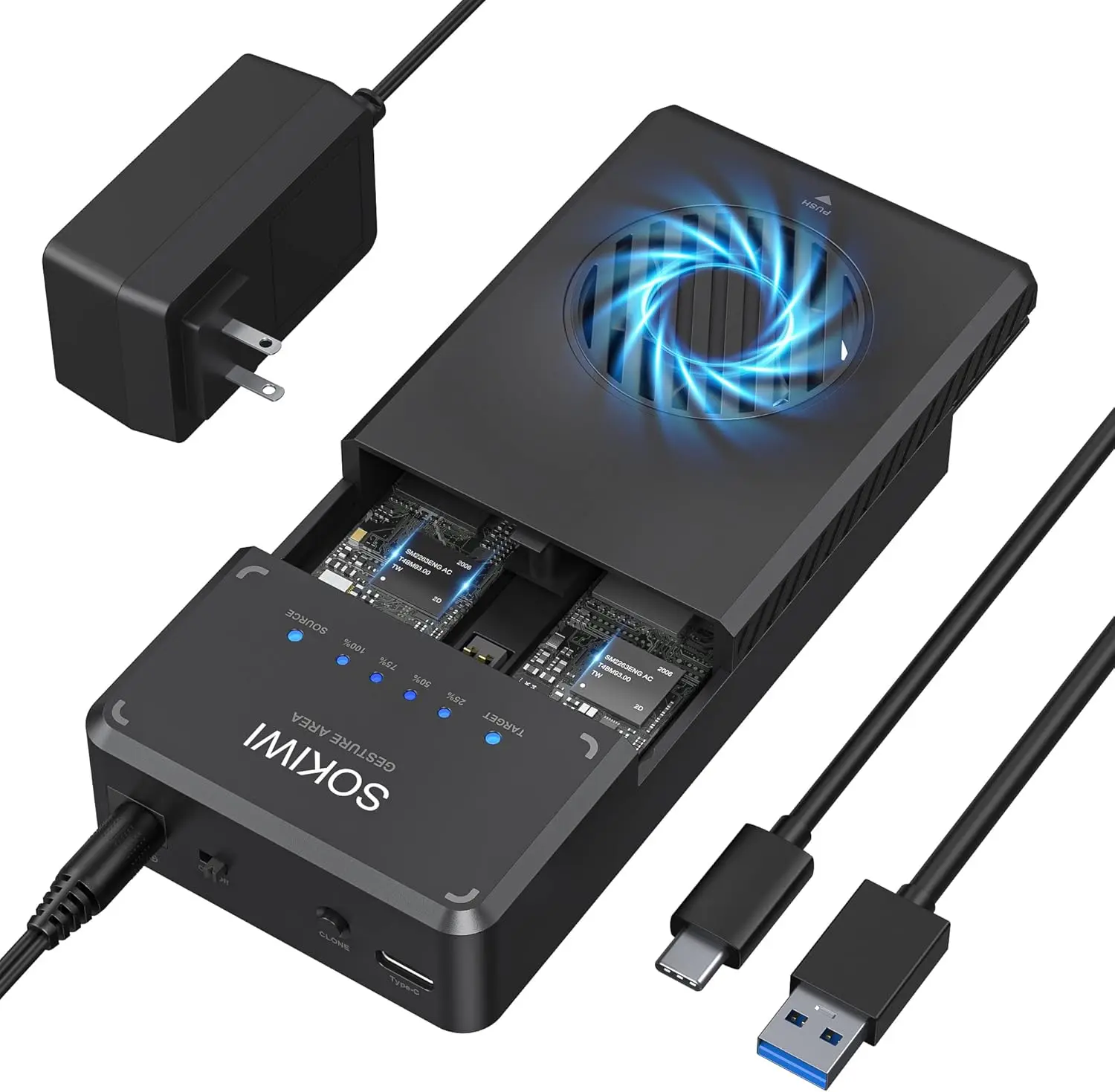 

Док-станция NVMe 10 Гбит/с с охлаждающим вентилятором — двухслотовый корпус для M.2 SSD до 8 ТБ с функцией автономного клонирования без использования инструментов