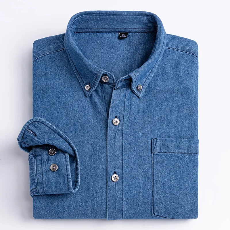 Camisa jeans masculina de manga comprida, camisa casual lisa, bolso único, na moda social coreana, roupa de vaqueiro 100% algodão, nova