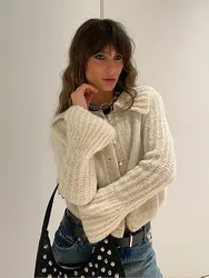 New Vintage Flare Sleeve Solid Lapel Knitted Cardigans Casual Single Breasted Loose Women's Sweater Female Commuting Streetwears