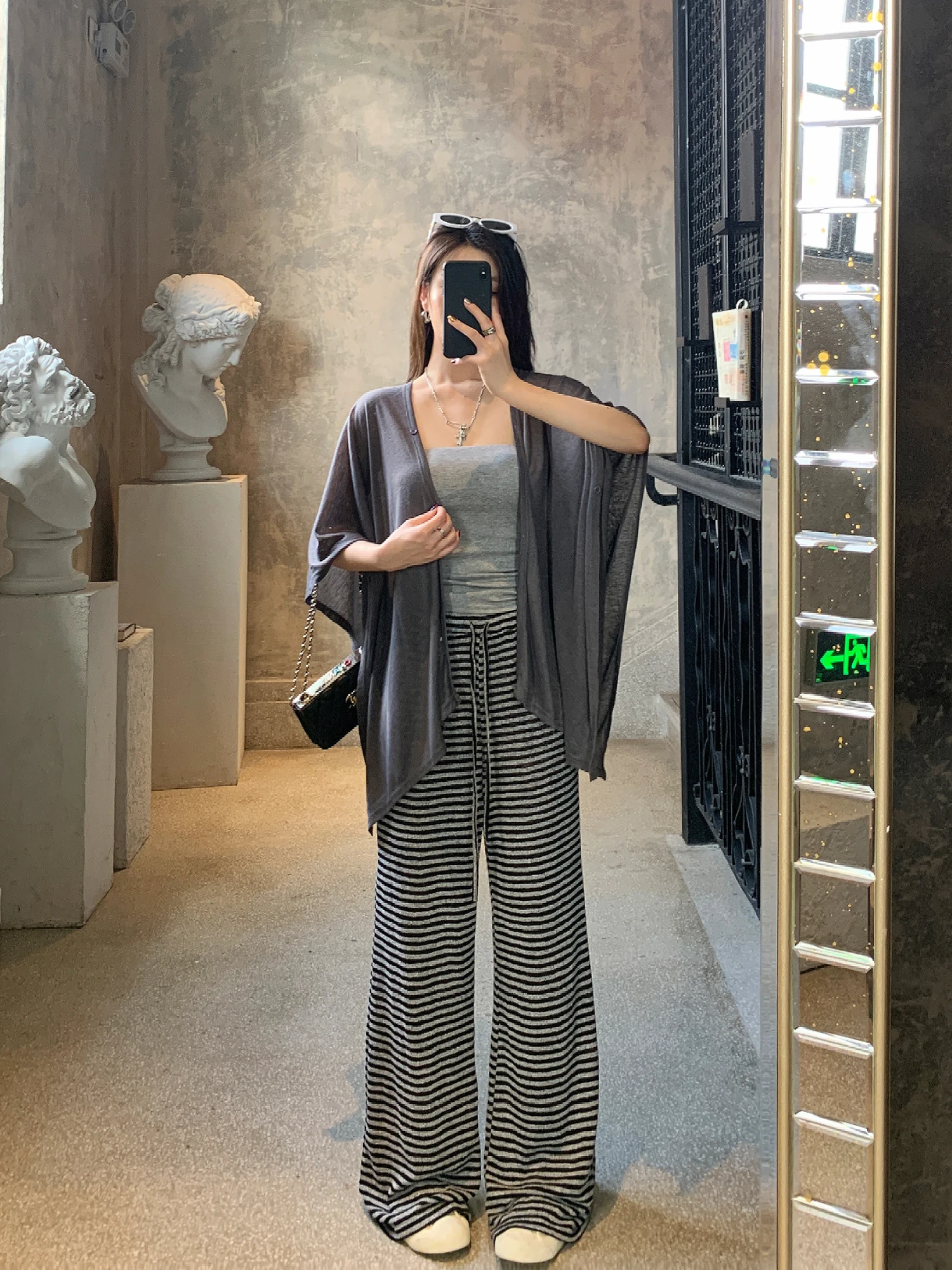 

WITHMXBOOM ey Slim Fit Tube Top And Sun Protection oulder awl Stripe Casual Pants Set Women's Faion Ensemble