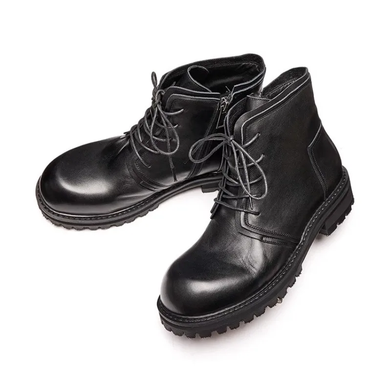 

Handmade Genuine Leather Chelsea Boots Men's High Top Shoes Hiking Outdoor Black Casual Work Thick Sole Fashion Boots Male