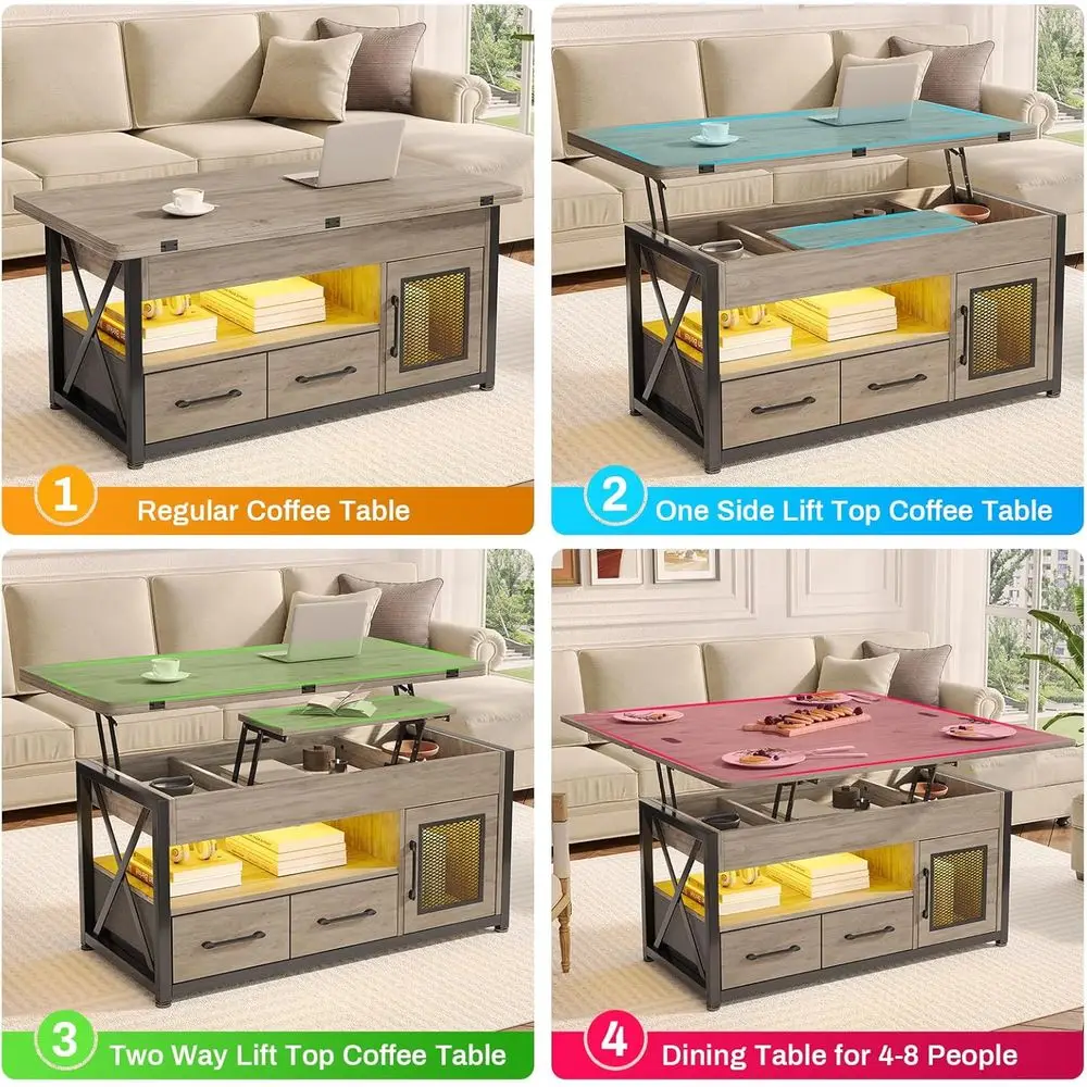 Grey Farmhouse Style 40 Lift Top Coffee Table with Storage, Fabric Drawers & LED Light