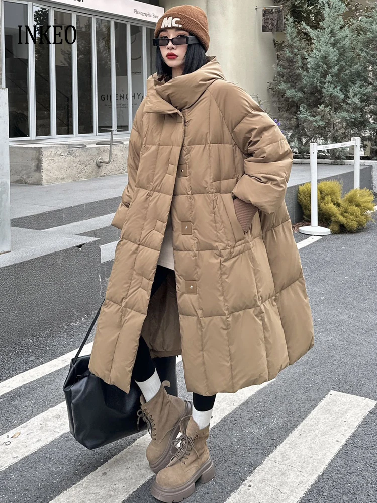 Lange Vintage-Daunenjacke mit Kapuze für Damen, 2026, Wintermode, Puffermantel mit Laternenärmeln, Übergröße, Damen-Outwear INKEO DJ 638