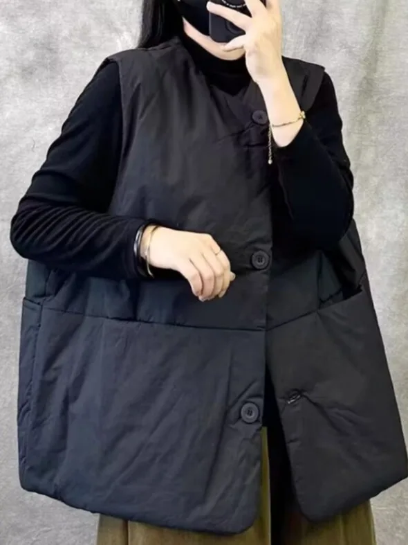 Retro ort Svel Kamizelka Damska Casualowa Ciepła Bawełniana Luźny Krój Plus Size Jesień Zima Odzież Wierzchnia Okrągły Dekolt Pojedyncza B...