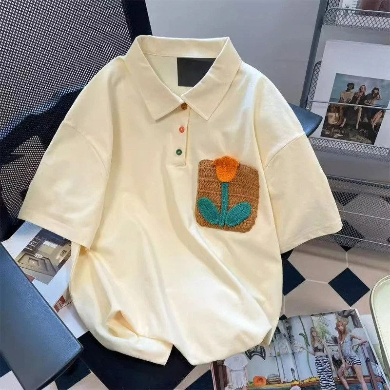 

DAYIFUN-Women's Lapel Tulip Embroidery T-shirt,Summer Loose Retro Chic Female's Tshirts,Women's Short Sleeve Colorful Button Tee