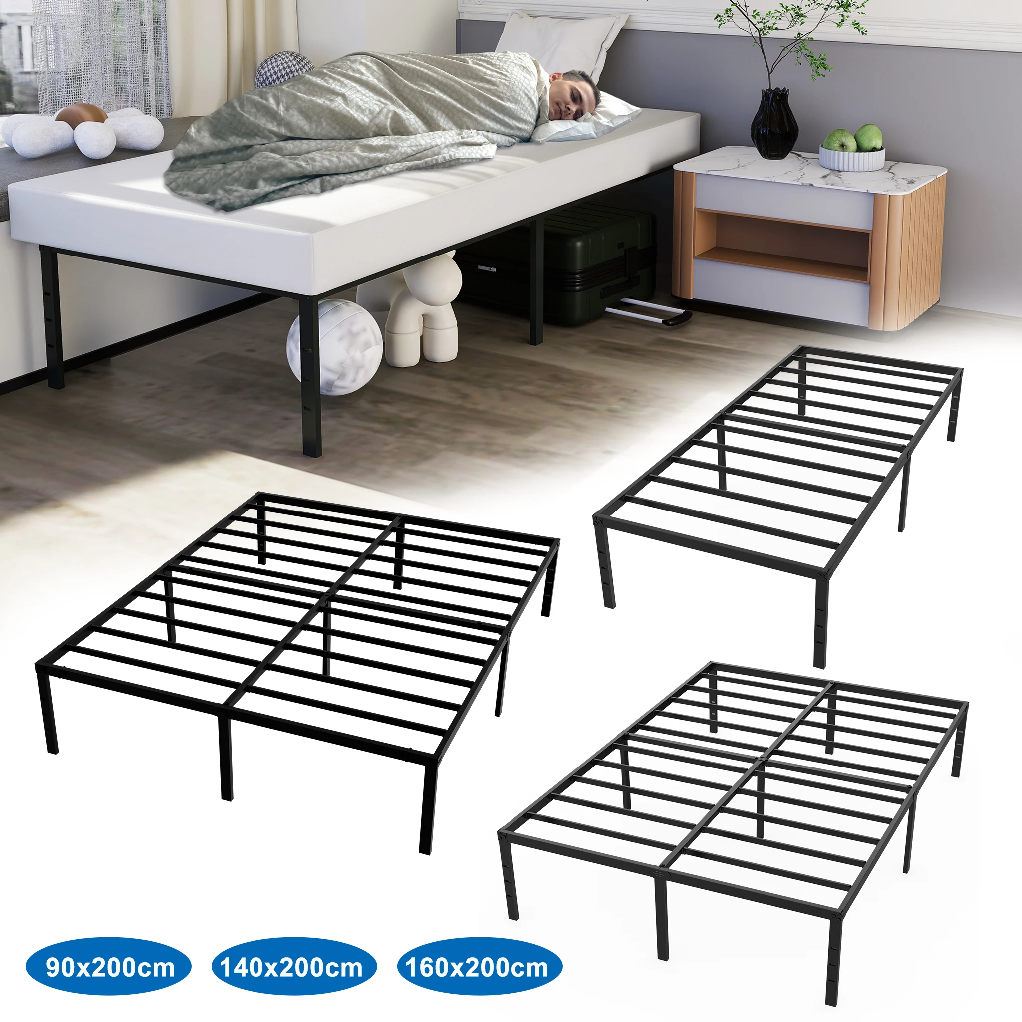 Struttura Letto Pieghevole in Metallo 90X200/140X200/160X200CM, Letto a Piattaforma Silenzioso con Spazio di Stoccaggio Sotto il Letto di 37,5CM, Stru