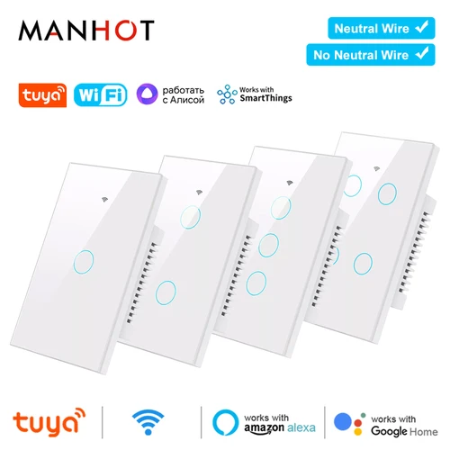 Smart Life Wifi + Bluetooth Interruptor de luz táctil sin cable neutro y cable neutro Panel táctil de EE. UU. Interruptores de pared Tuya Alexa Google Home