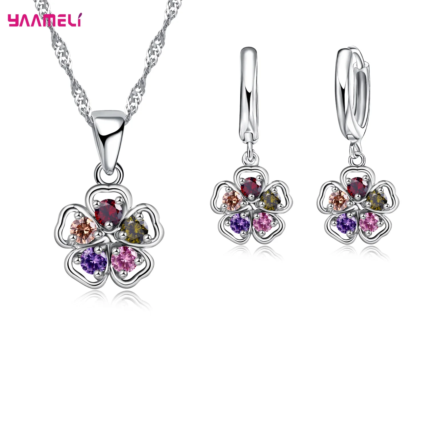 New 925 Sterling Silver Color Trendy Crystal Jewelry Set For Women Pendant Necklace Earrings Set Fashion Jewelry Wholesale