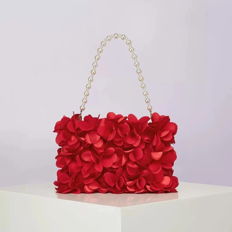 

Luxury RedPetal Evening Clutch Luxury 3D Flower Pearl Handle Cheongsam Gold Marriage Handbags Chinese Style Small Wedding Purse