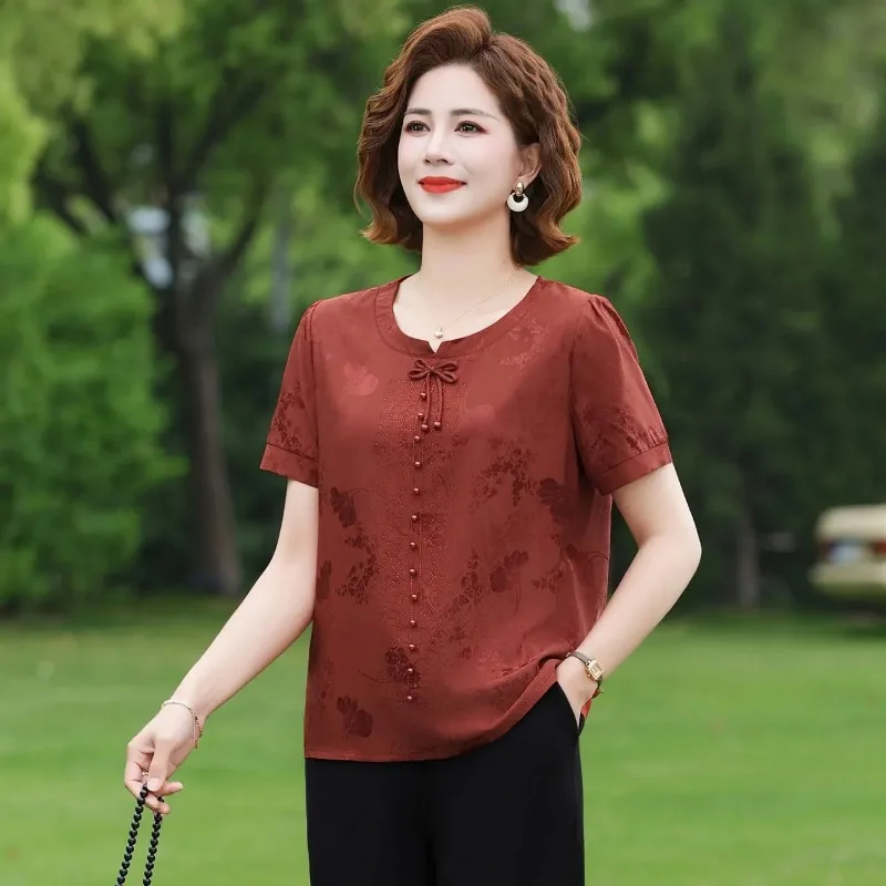 

Women's Chinese Style Floral Jacquard Blouse Short Sleeve Knot Button Summer Top