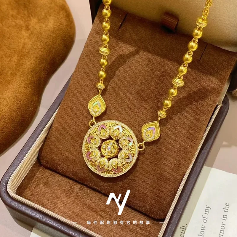 

9999 24 К настоящее золото восемь сокровищ ожерелье с компасом Высококачественные легкие роскошные бусины для переноса ключицы женский свитер цепочка для женщин