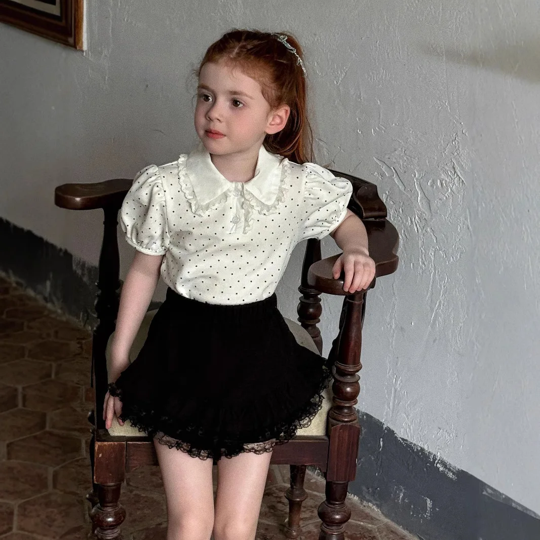 

2025 Summer New Children Clothing for Girls Children Turn-down Collar Top for Girls Casual Short Sleeved Polka Dot T-shirt