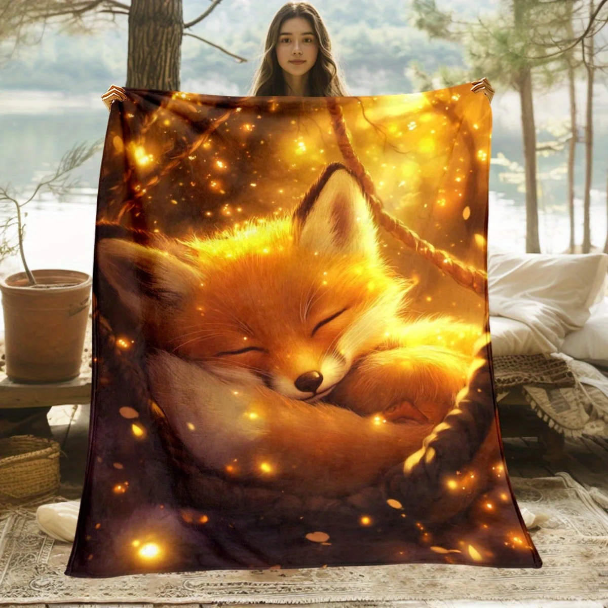 1pc Fox Blanket- Lightweight Flannel Throw for Sofa, Outdoor, Camping, Livingroom, Office, Chair, and Bed - Digital Printing Sof