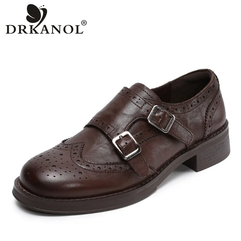 DRKANOL 2026 Spring Women Loafers Handmade Vintage Carved Brogue Shoes Round Toe Med Thick Heel Cow Genuine Leather Casual Shoes