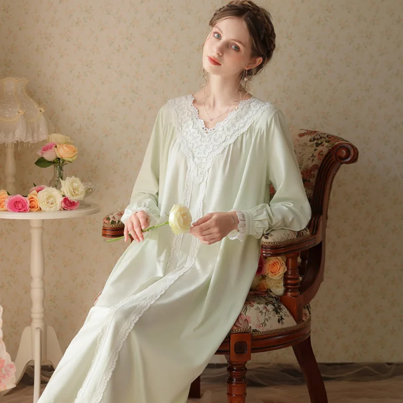 

Women Plus Size Full Sleeves Cotton Nightdress French Lace V-Neck Long Ankle-Length Nightgowns Princess Vintage Loose Nightie