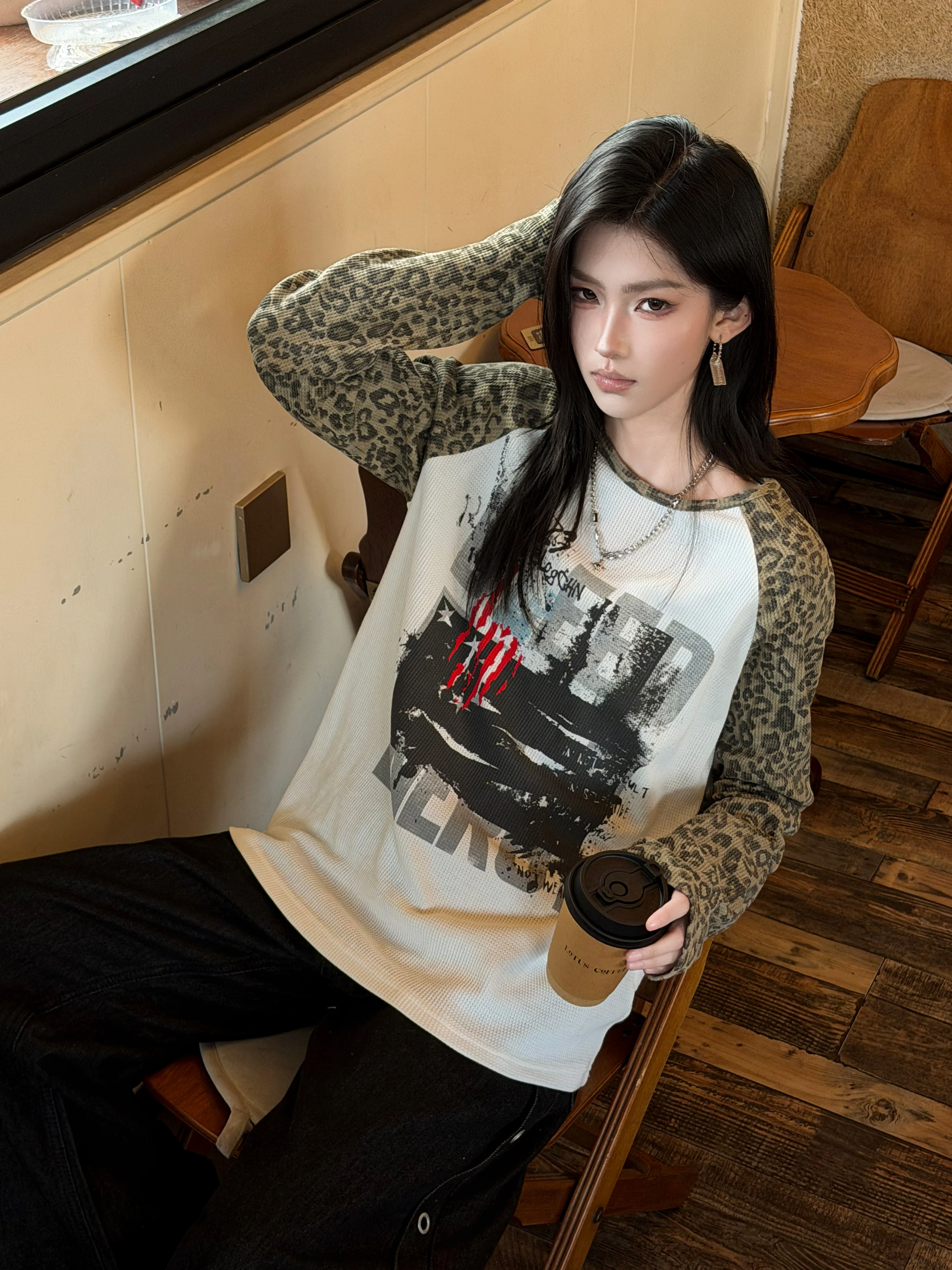 Early Autumn American Leopard Print Shoulder Insert Long Sleeve Women's T-shirt Neutral Style Casual Loose Fit Cotton Flag Print