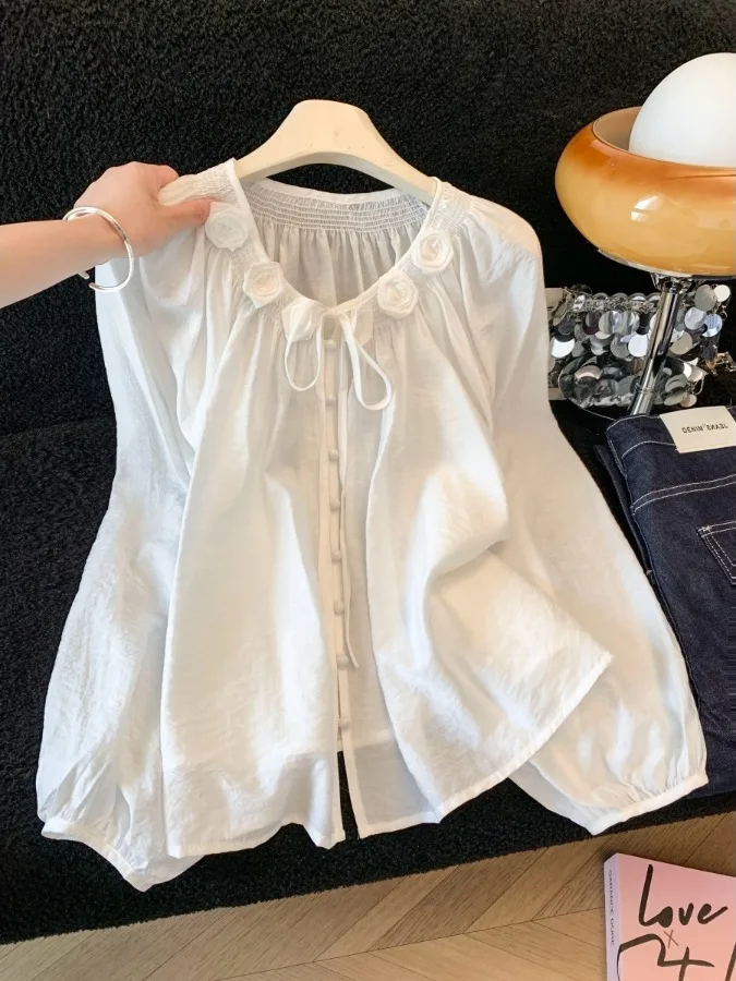 

Rose Knot Belted White Shirt Women's Spring Fashion New Design Sun Protection Long Sleeve Top Trendy Korean Style