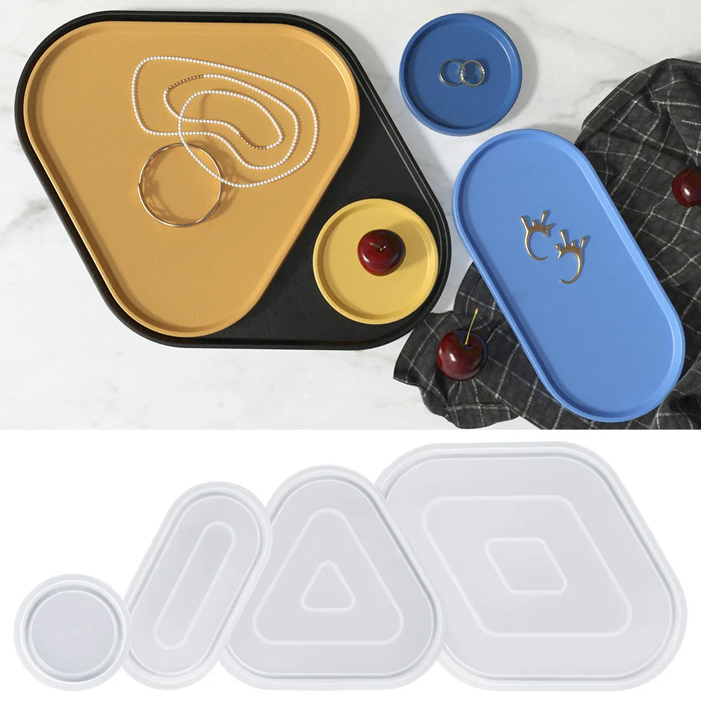 Juego de 1/4 Uds. De bandeja geométrica, Molde de silicona de resina, posavasos DIY, molde de cristal de yeso ovalado redondo, yeso de fundición para decoración del hogar