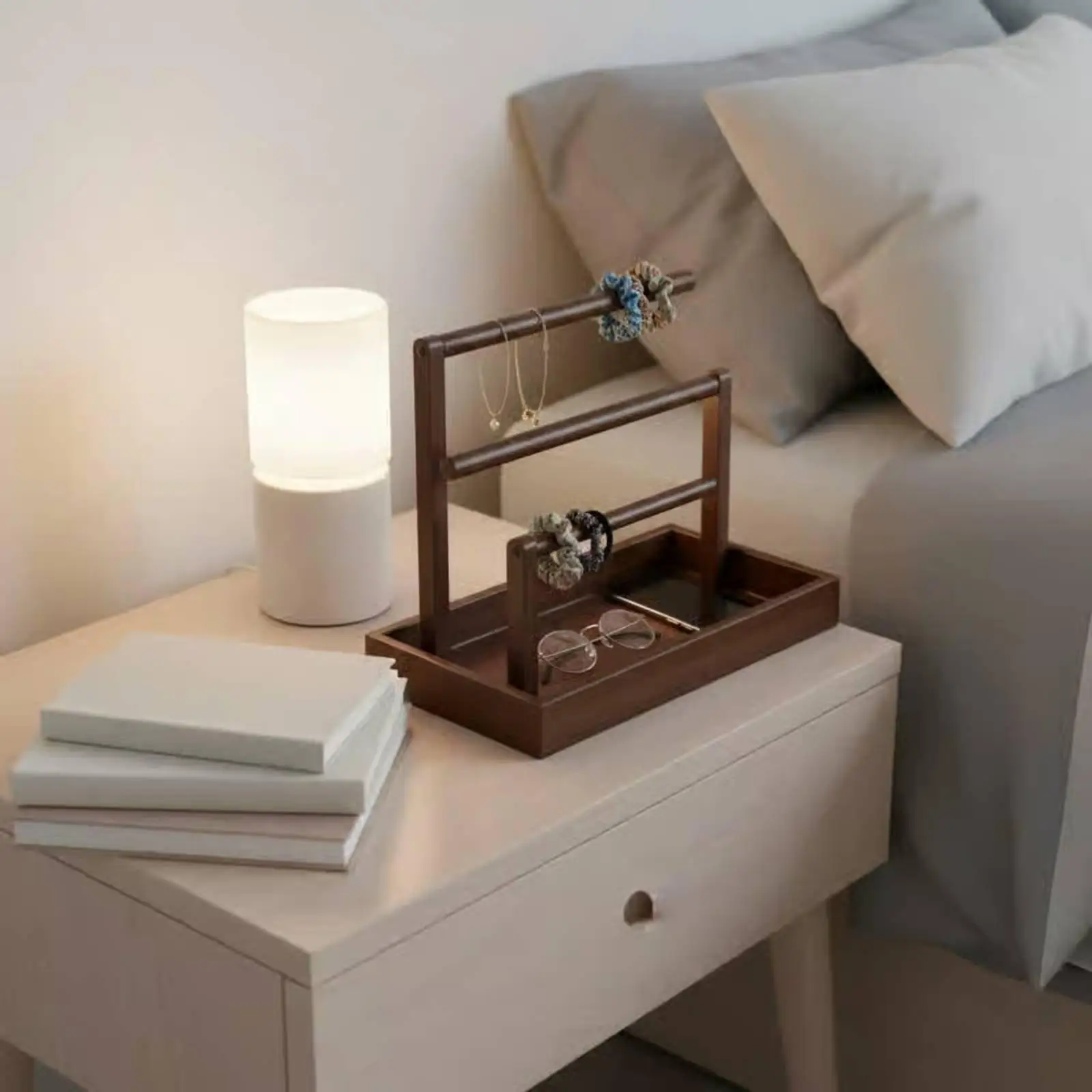 Wooden Jewelry Organizer Walnut Finish Tiered Necklace Holder Display Stand for Household and Shop