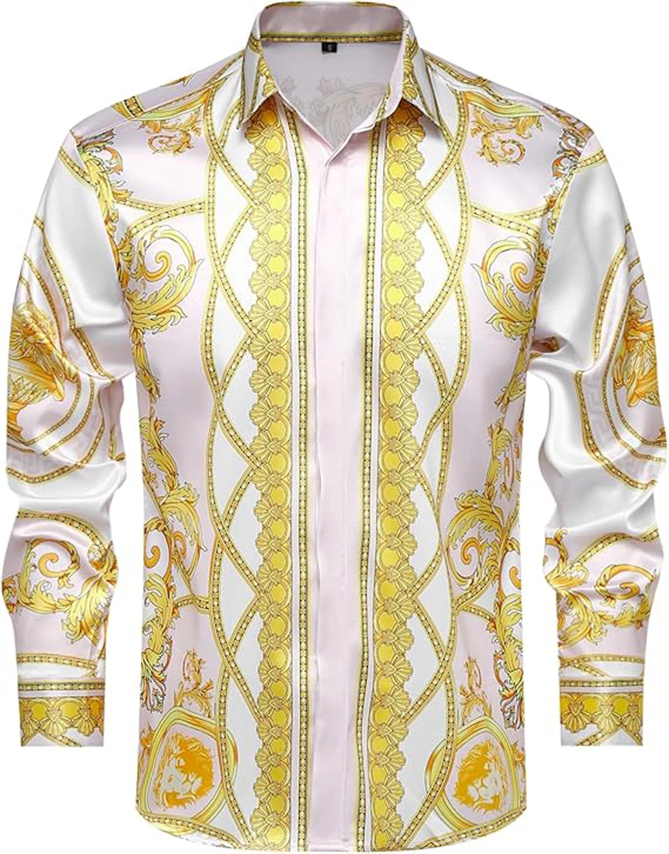 Men's Retro Palace Noble Gold Chain 3D Printed Shirt Hawaiian Casual Vacation Long-sleeved Lapel Performance Clothing for Men