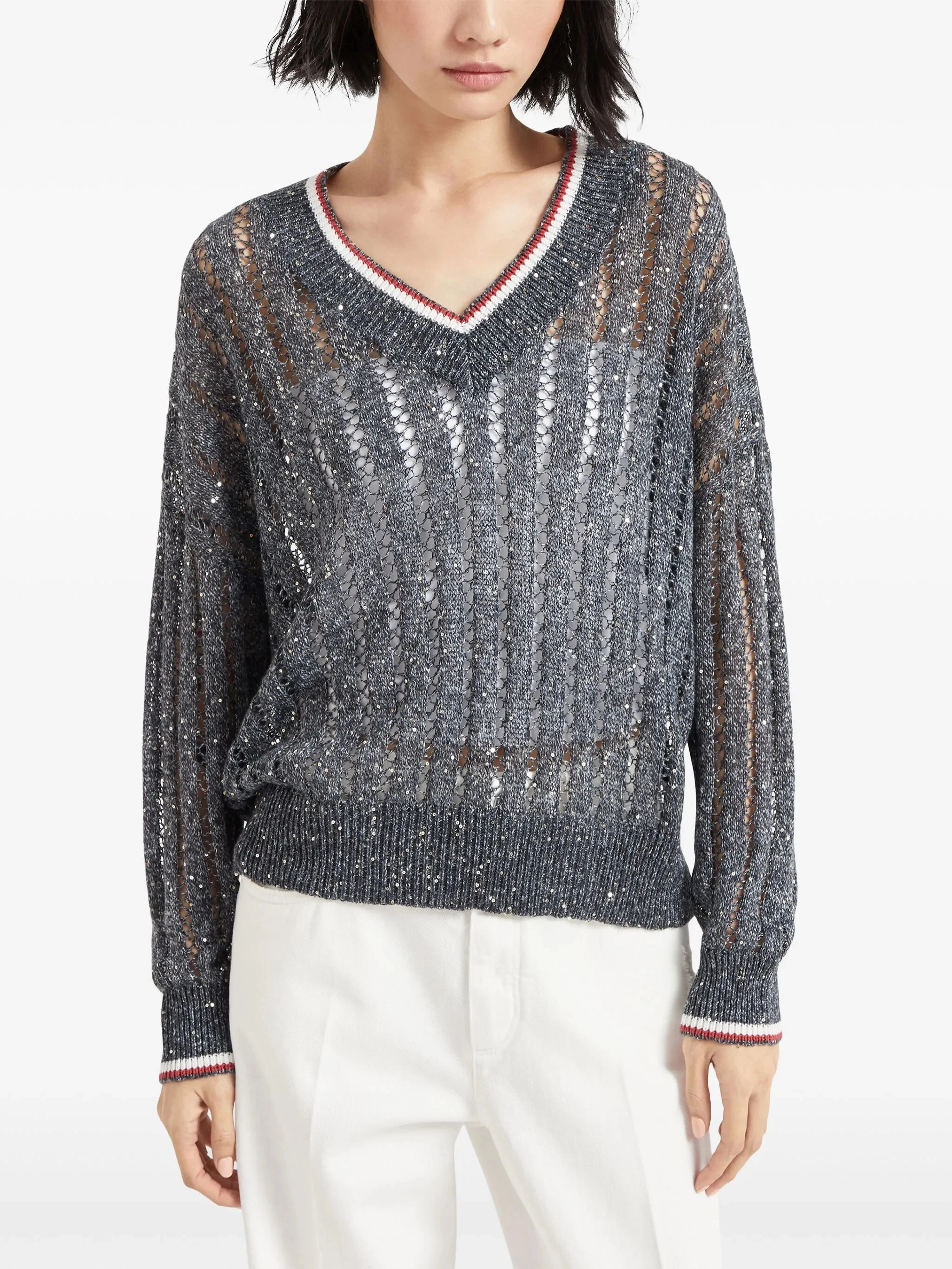 BC Luxury Brand Design Sequin Knitted Hollow Out Top Quality V-neck Shirt For Woman Popular Knitwear Lady Pullover Clothes - Image 3