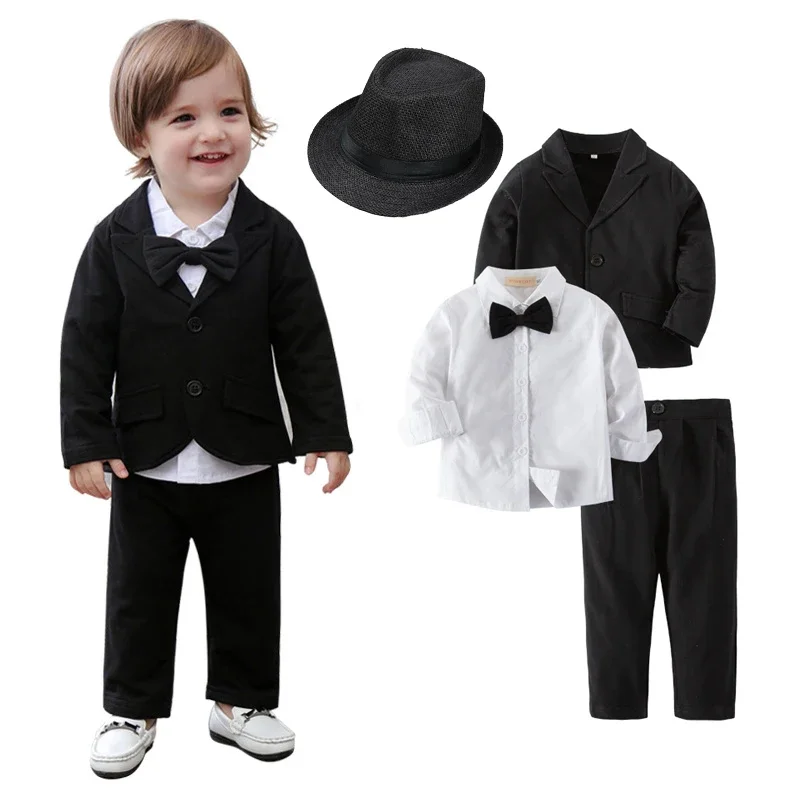 Kids Clothes Boys Baby Boss Outfit White Bow Tie Shirt + Coat + Pants Formal Wedding Suit Set Long Sleeve Children Boy Clothing