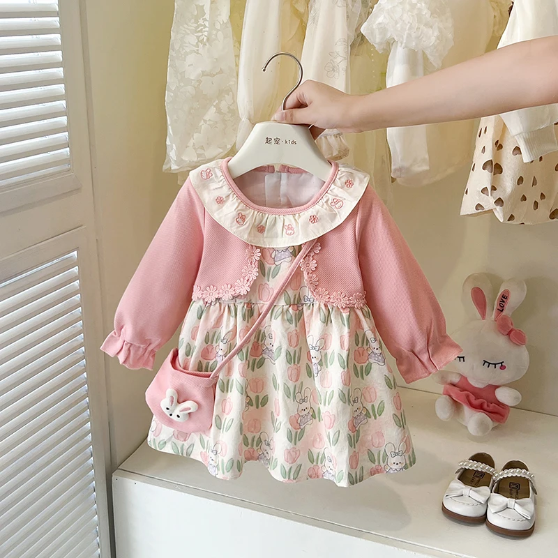 

Autumn Girl Long Sleeved Clothes Flower Rabbit Print Splicing Two Piece Princess Dress Baby Girl Pink Dress Send Bag
