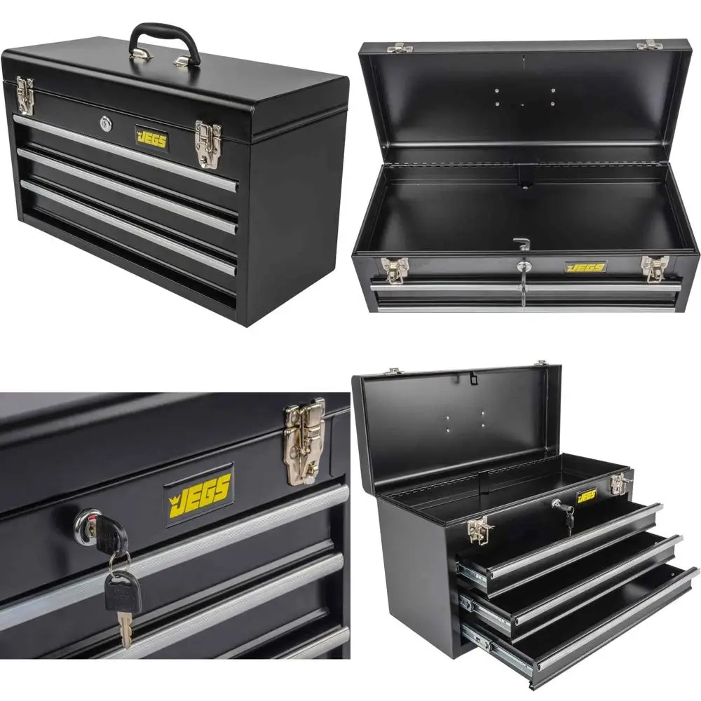 

3-Drawer Metal Toolbox with Ball-Bearing Slides, Rust-Resistant Latches, Black Powder Coat, Lock & Keys